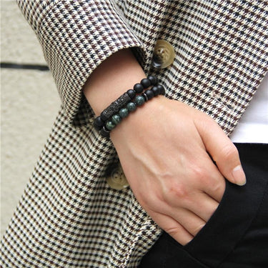 2/pc Natural Black Onyx & Kambaba Jasper' FOR PEACE' Men's Bracelet Set